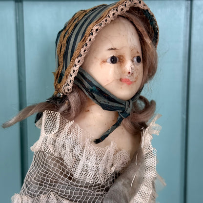 Antique Victorian Wax Over Shoulder Head Doll in Original Style Costume c.1870