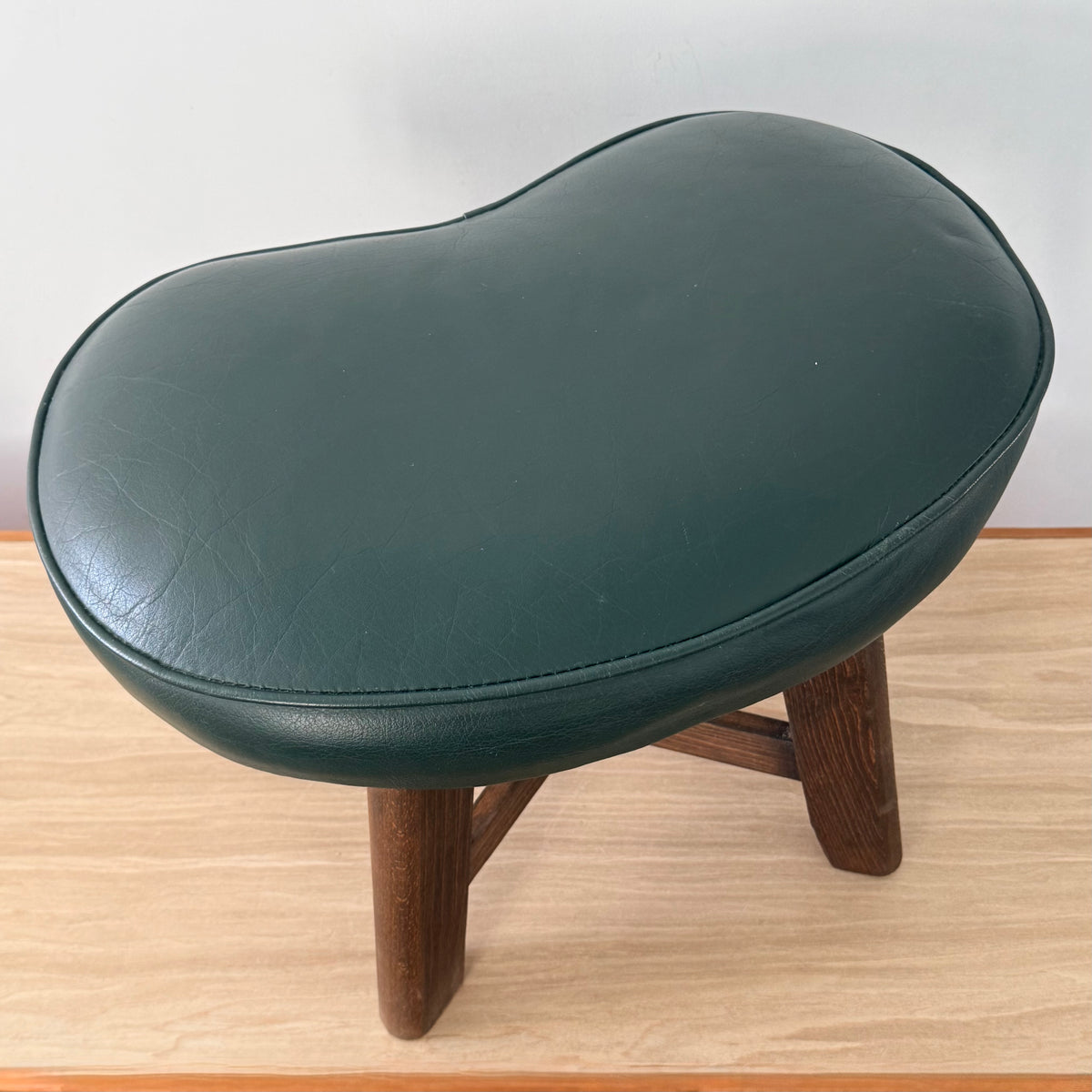 Vintage Mid-Century Kidney Shaped Green Upholstered Footstool