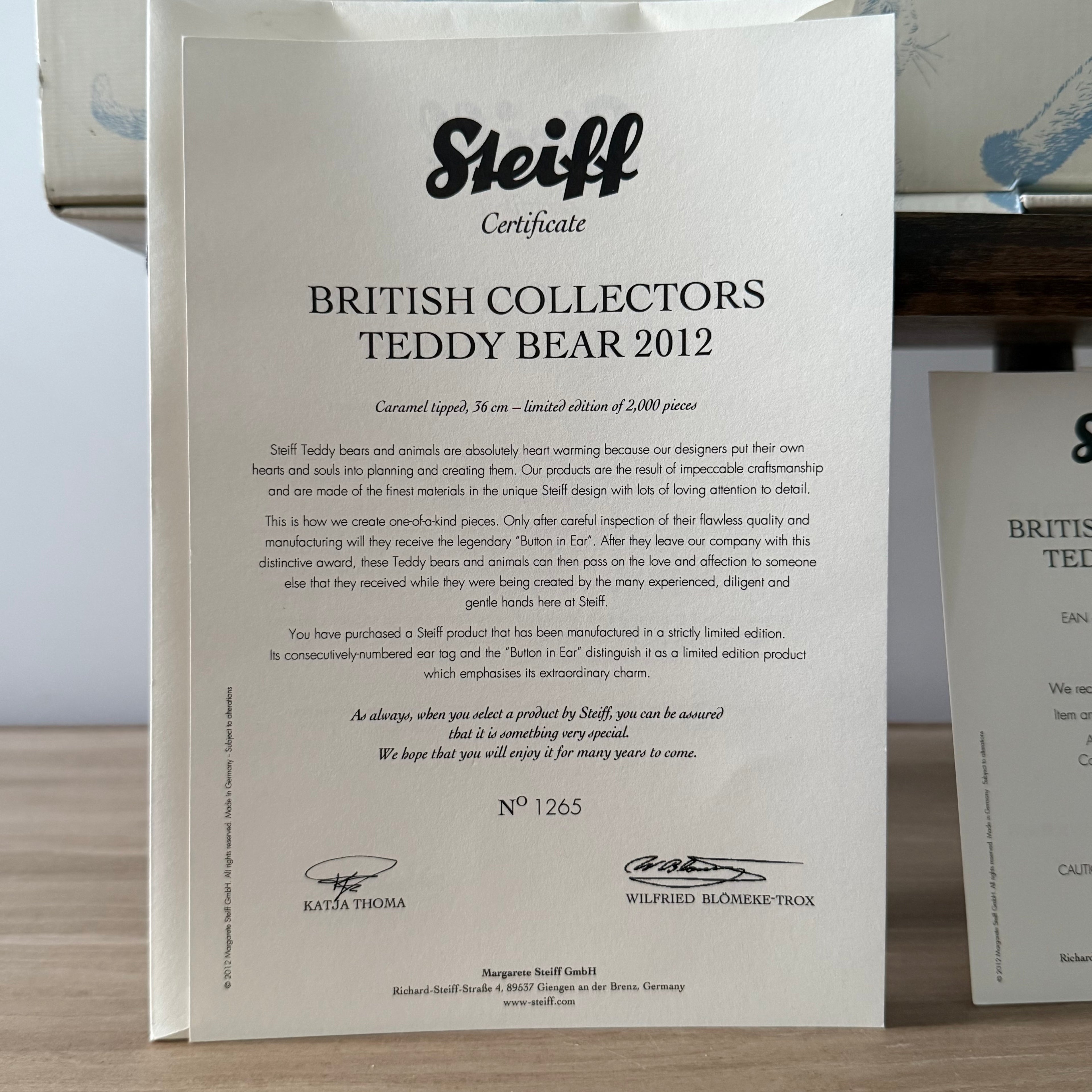 Steiff British Collectors Teddy 2012 Limited Edition Boxed With Certificate