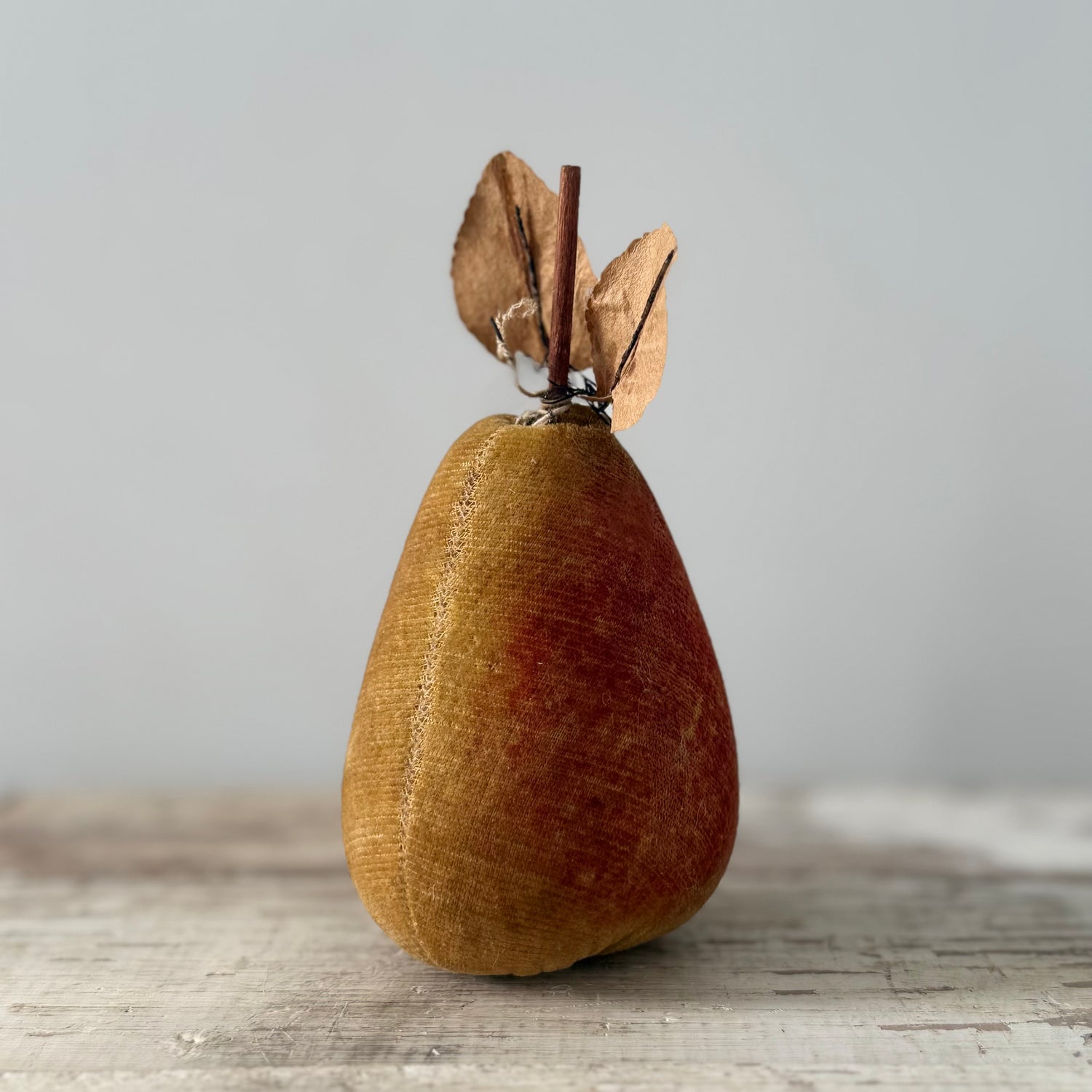 Rare 1830s Velvet Pear Pin Cushion with Paper Leaves