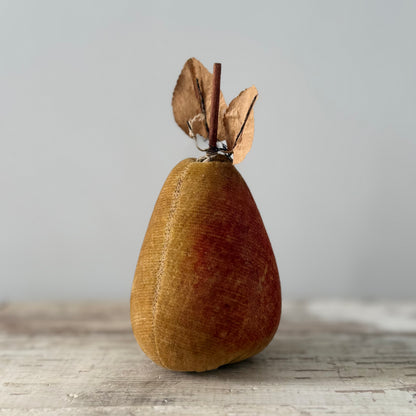Rare 1830s Velvet Pear Pin Cushion with Paper Leaves