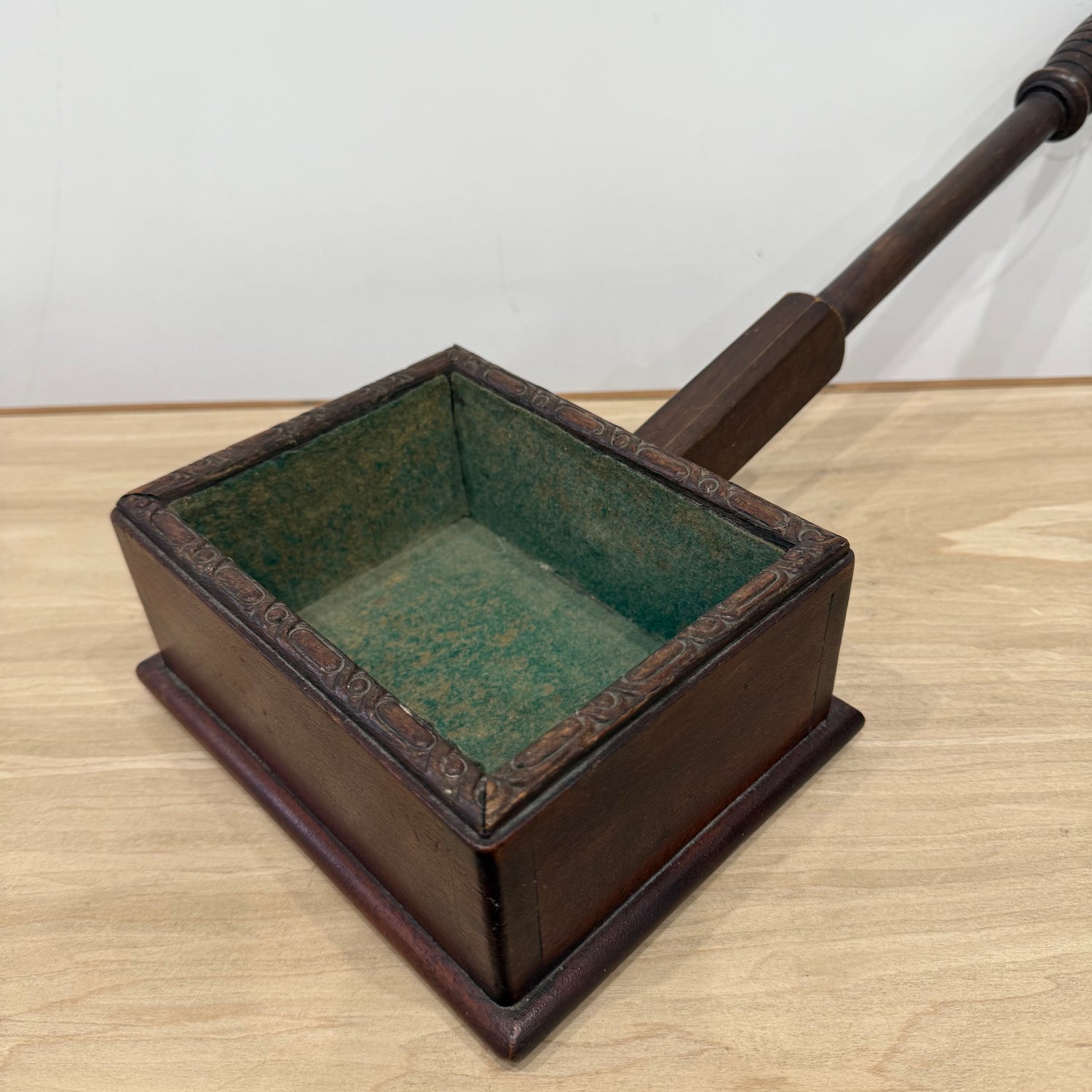 Antique Wooden Church Collection Box on Handle with Green Felt Interior