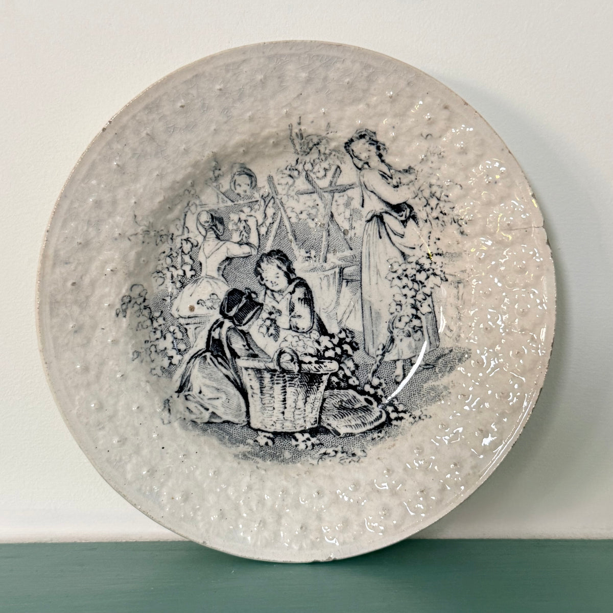 Antique Staffordshire Nursery Plate Hop-Picking Scene c.1850