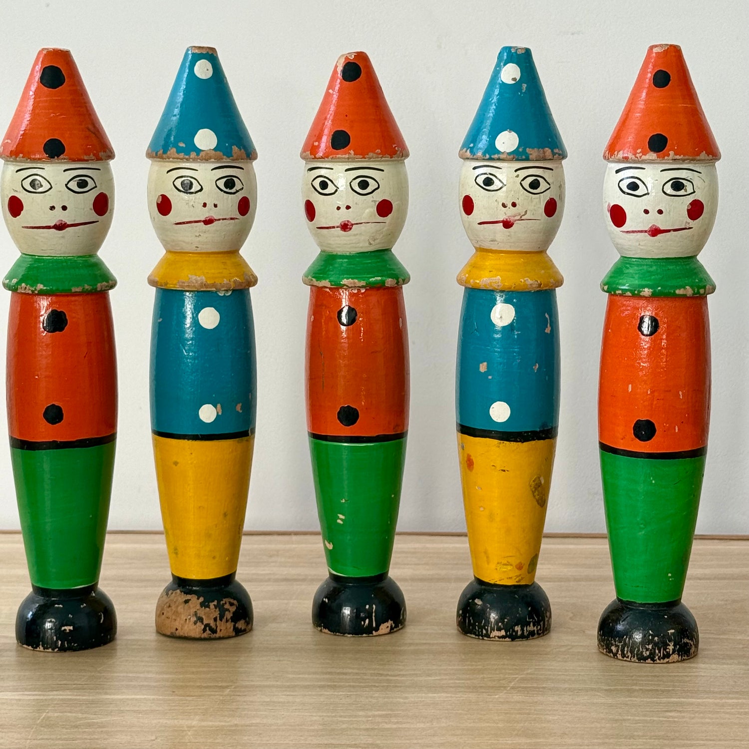 Vintage Wooden Clown Skittles Pins Seven Figures Hand Painted Folk Toy 21cm