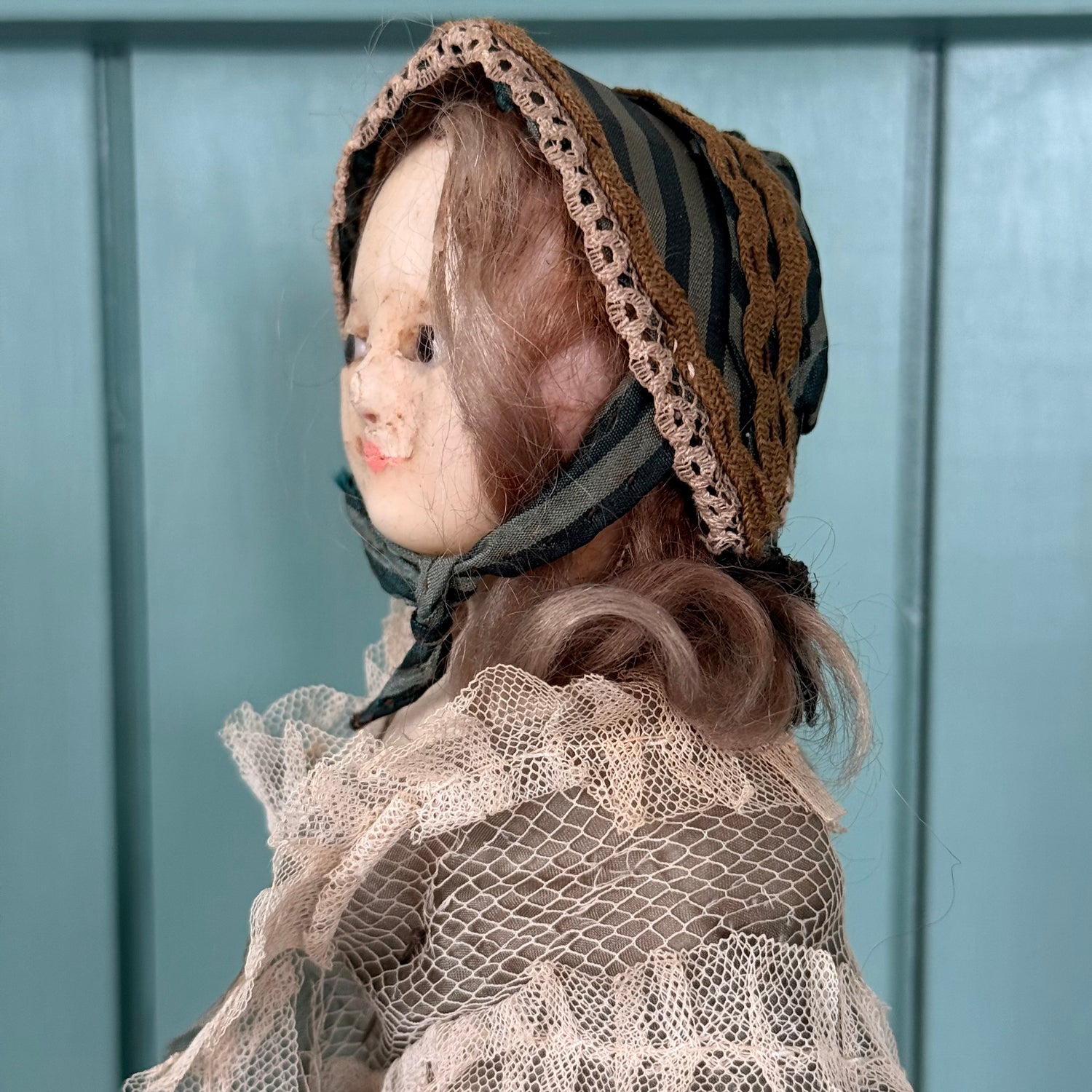 Antique Victorian Wax Over Shoulder Head Doll in Original Style Costume c.1870