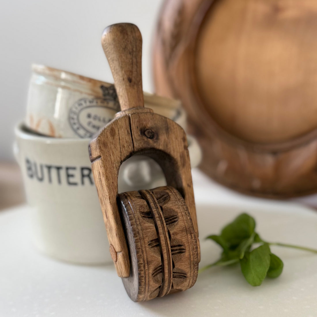 Antique Treen Butter Roller Geometric Carved Dairy Kitchenalia