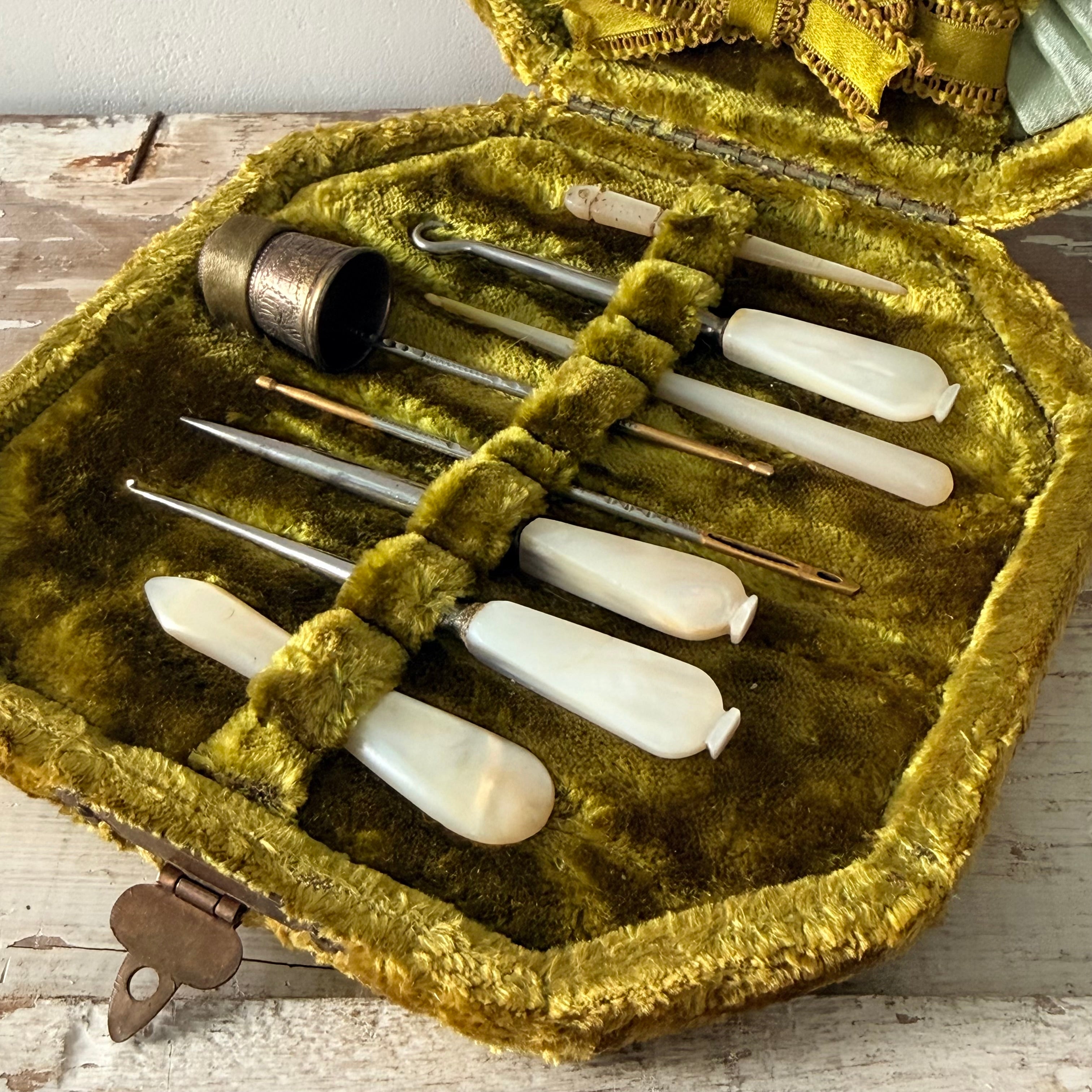 Antique Sewing Necessaire with Mother of Pearl Tools c.1890–1910