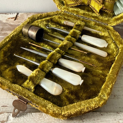 Antique Sewing Necessaire with Mother of Pearl Tools c.1890–1910
