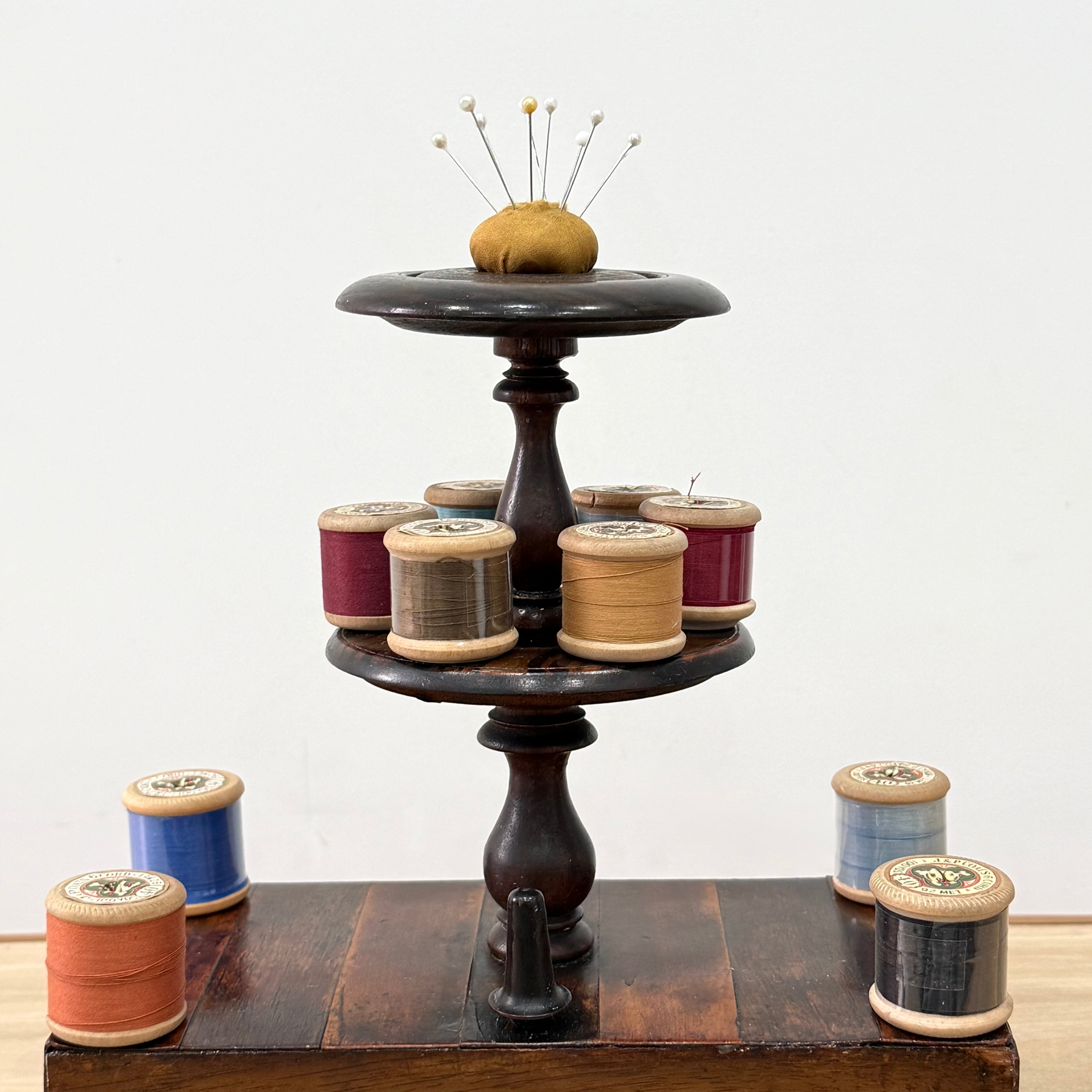 Antique Wooden Thread Spool Stand with Drawer and Silk Pin Cushion