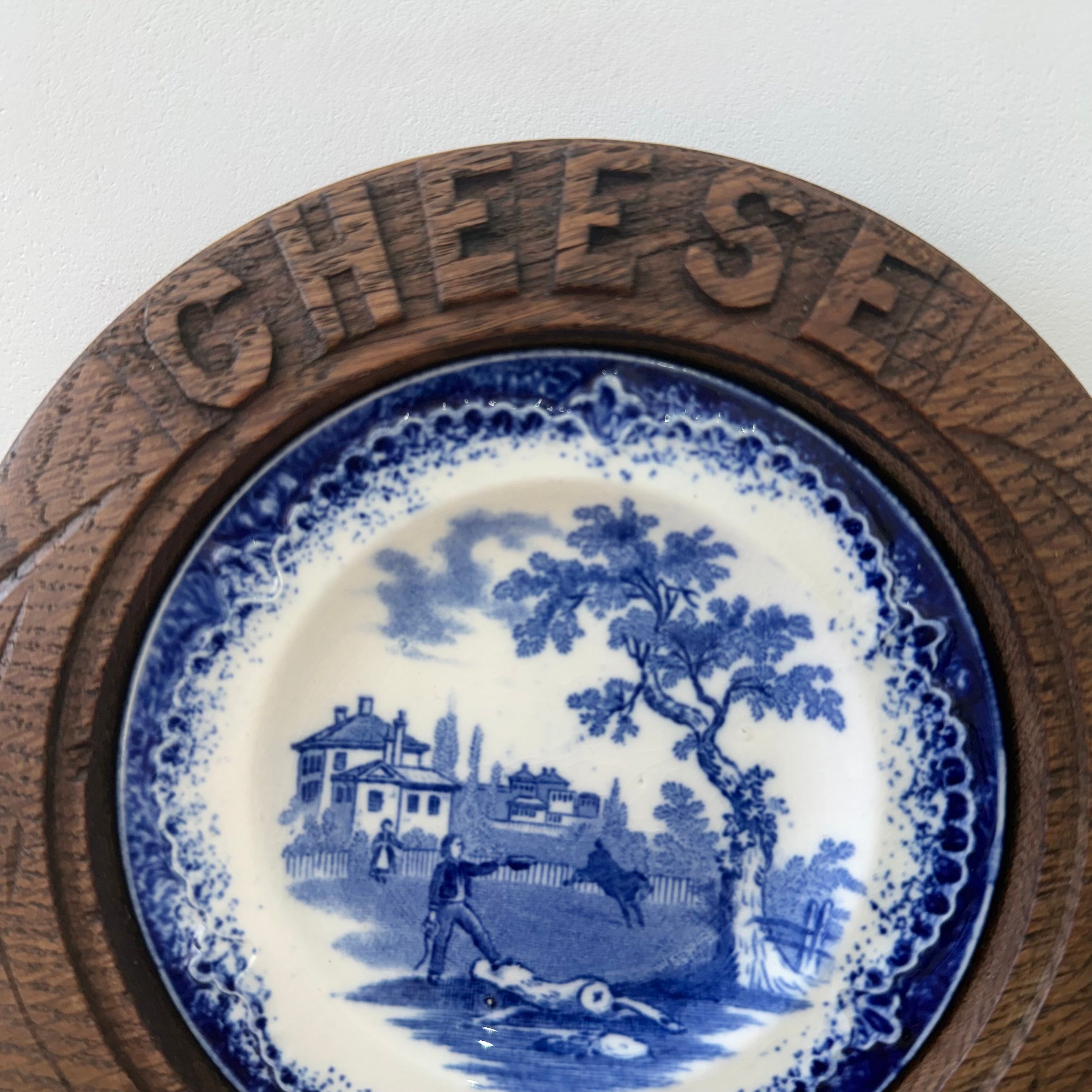 Edwardian Carved Oak Cheese Board with Plate Early 20th Century