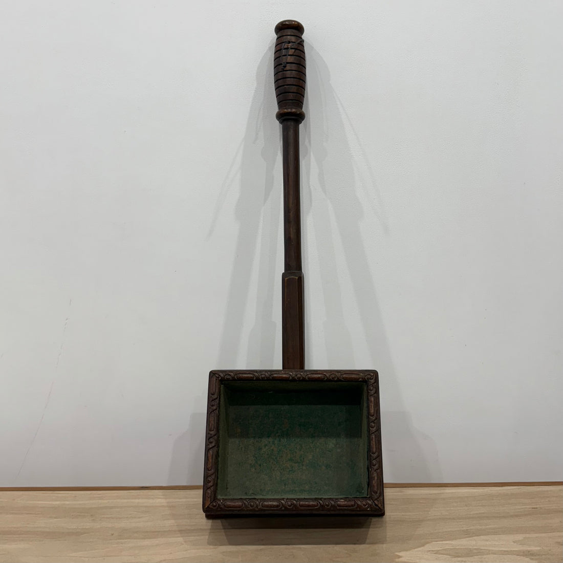 Antique Wooden Church Collection Box on Handle with Green Felt Interior