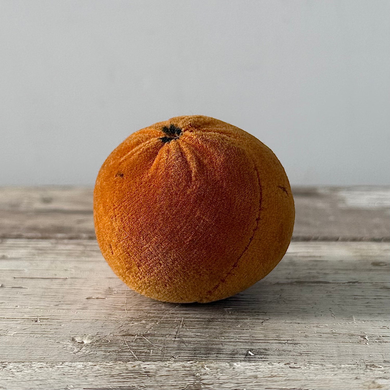 1830s Antique Velvet Orange Pin Cushion with Coated Fabric Leaf Detail