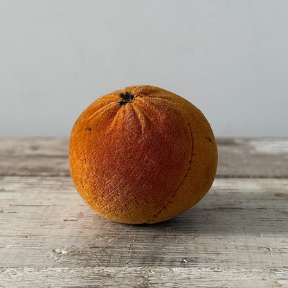 1830s Antique Velvet Orange Pin Cushion with Coated Fabric Leaf Detail