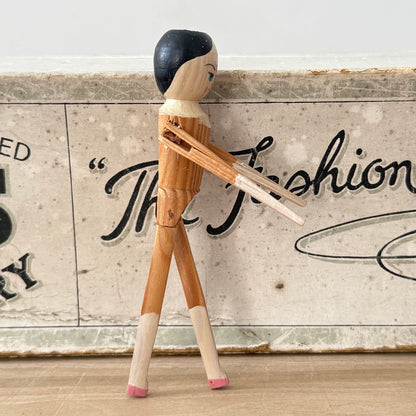 Vintage Wooden Jointed Doll Hand Painted Folk Art Figure 11cm