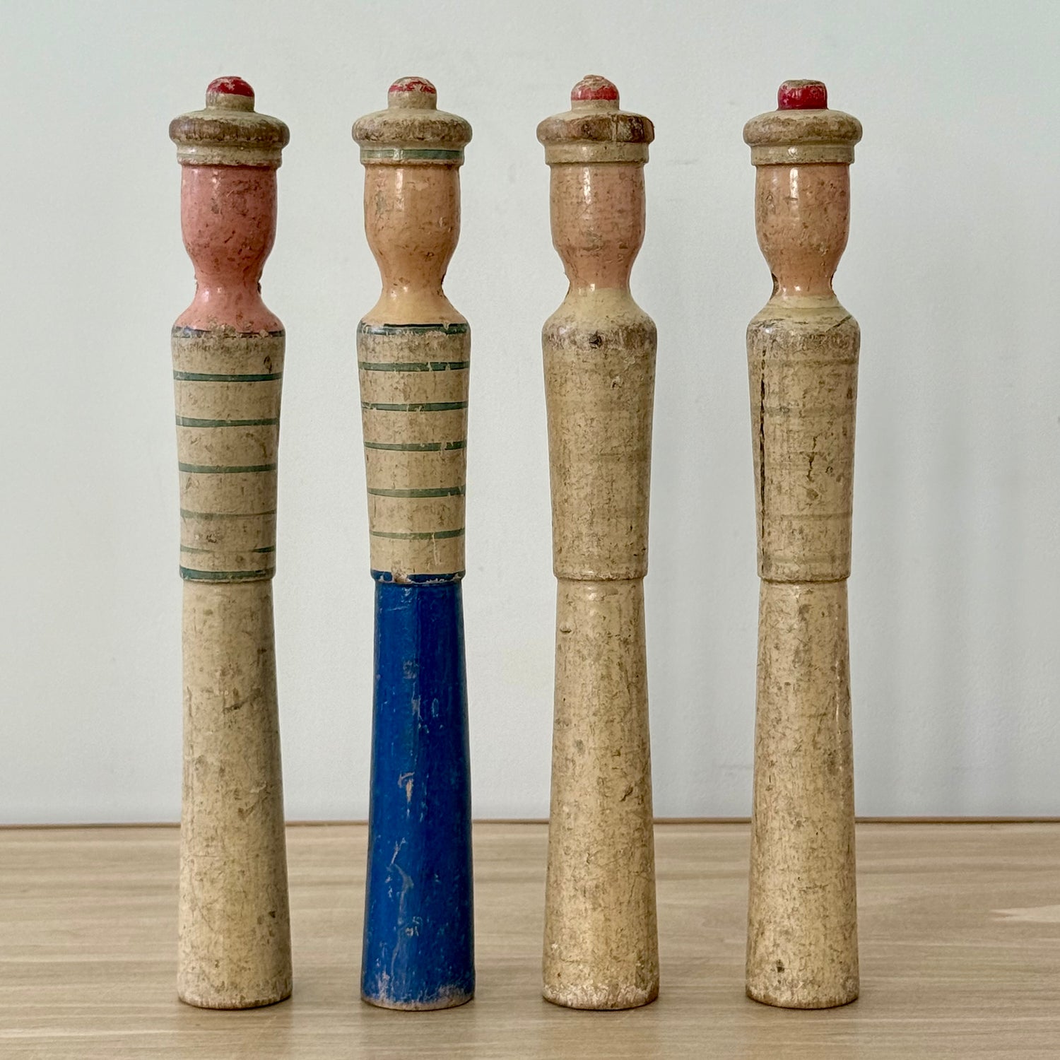Vintage Wooden Sailor Skittles Pins Four Figures Hand Painted Folk Toy 24cm