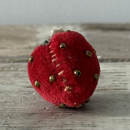 Antique Velvet Strawberry Pincushion with Metal Beads and Crocheted Flower