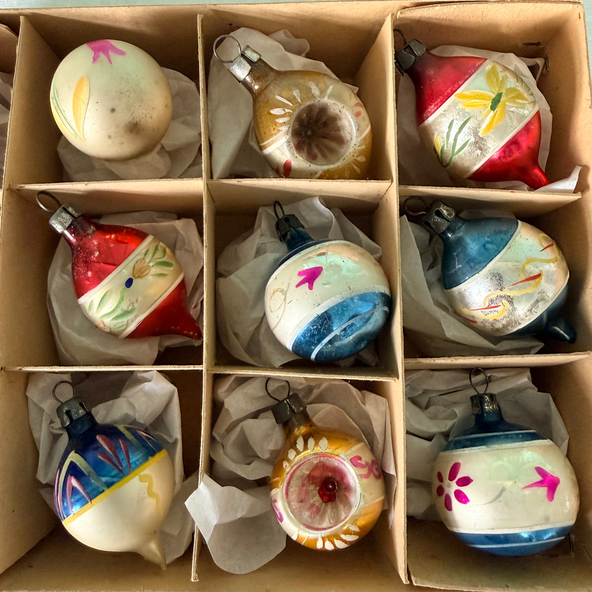 Boxed Set of 12 Miniature Vintage Glass Christmas Baubles