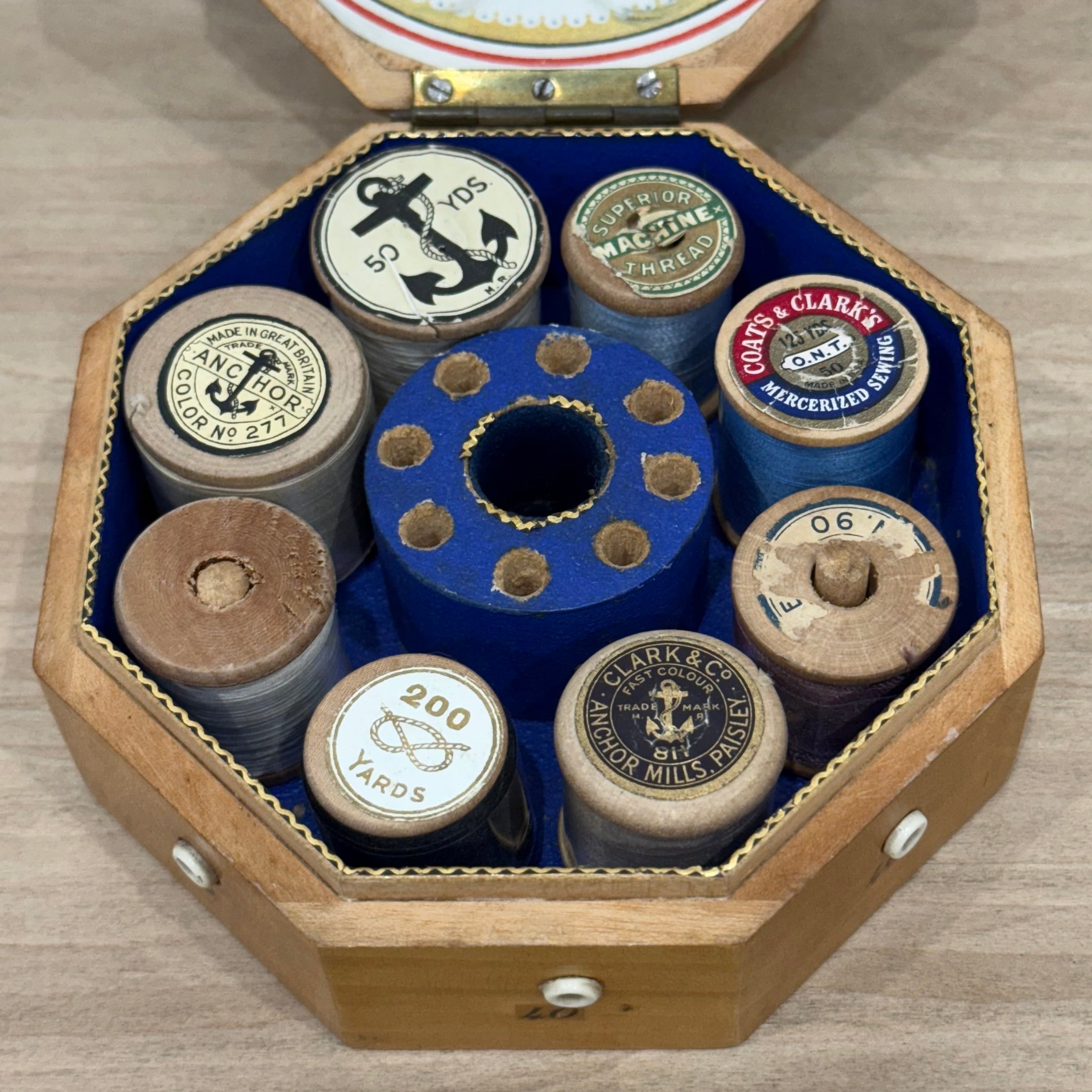 Edwardian Clark &amp; Co Mauchline-Type Transfer Cotton Reel Box with Reels