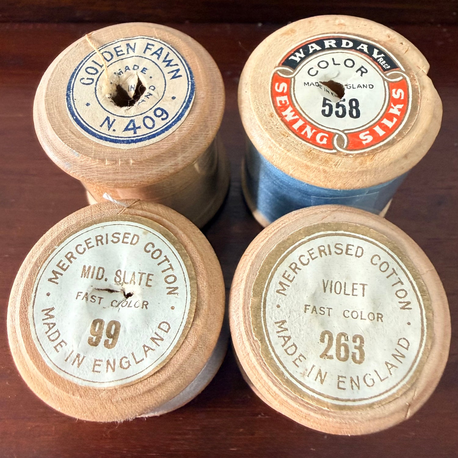Antique Harrods Wooden Cotton &amp; Silk Thread Reels Set of Four