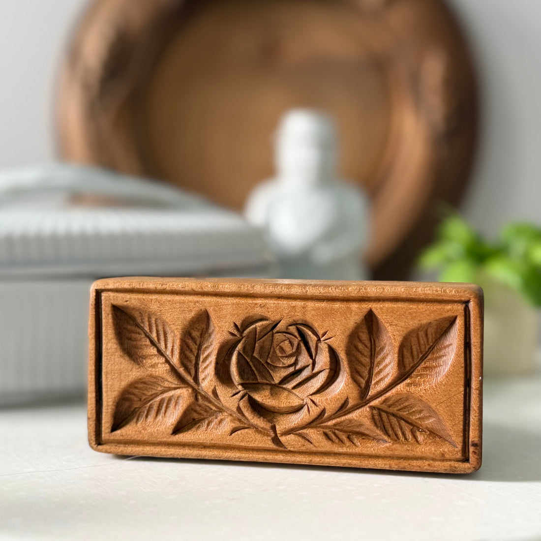 Antique Treen Butter Stamp Single Rose Rectangular