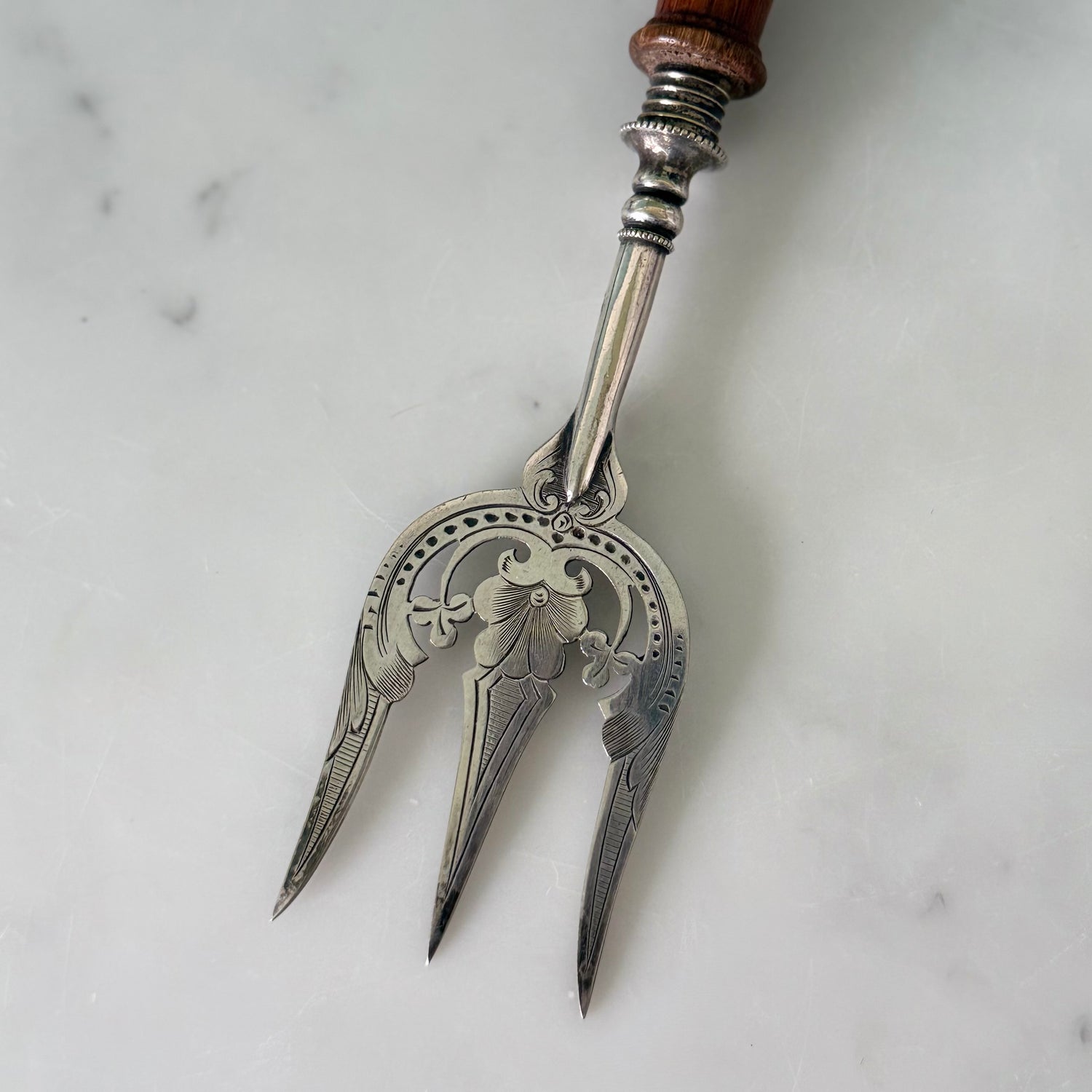 Antique Silver Plated Bread Muffin Fork with Turned Wooden Handle
