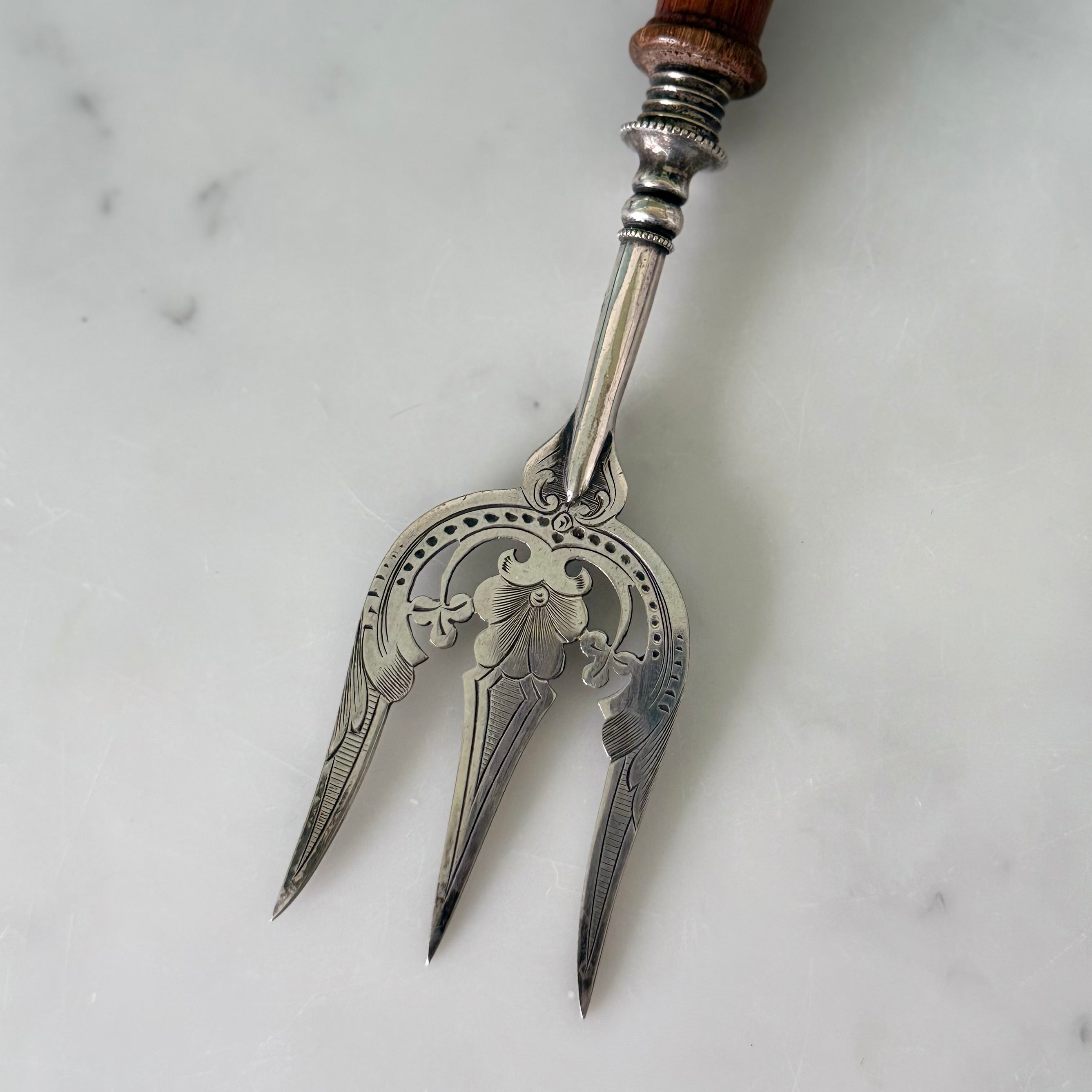 Antique Silver Plated Bread Muffin Fork with Turned Wooden Handle