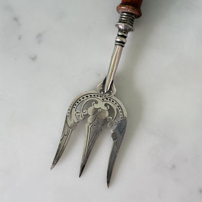 Antique Silver Plated Bread Muffin Fork with Turned Wooden Handle