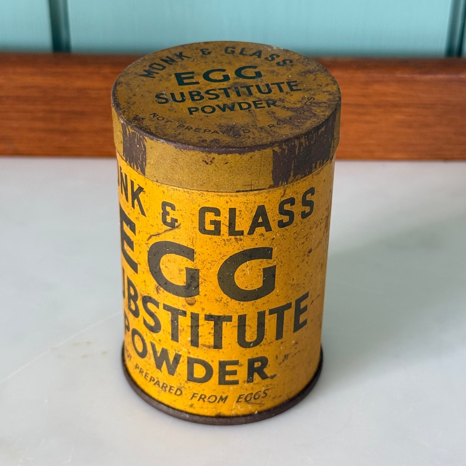Vintage Monk &amp; Glass Egg Substitute Powder Tin 1930s-40s Kitchen Advertising