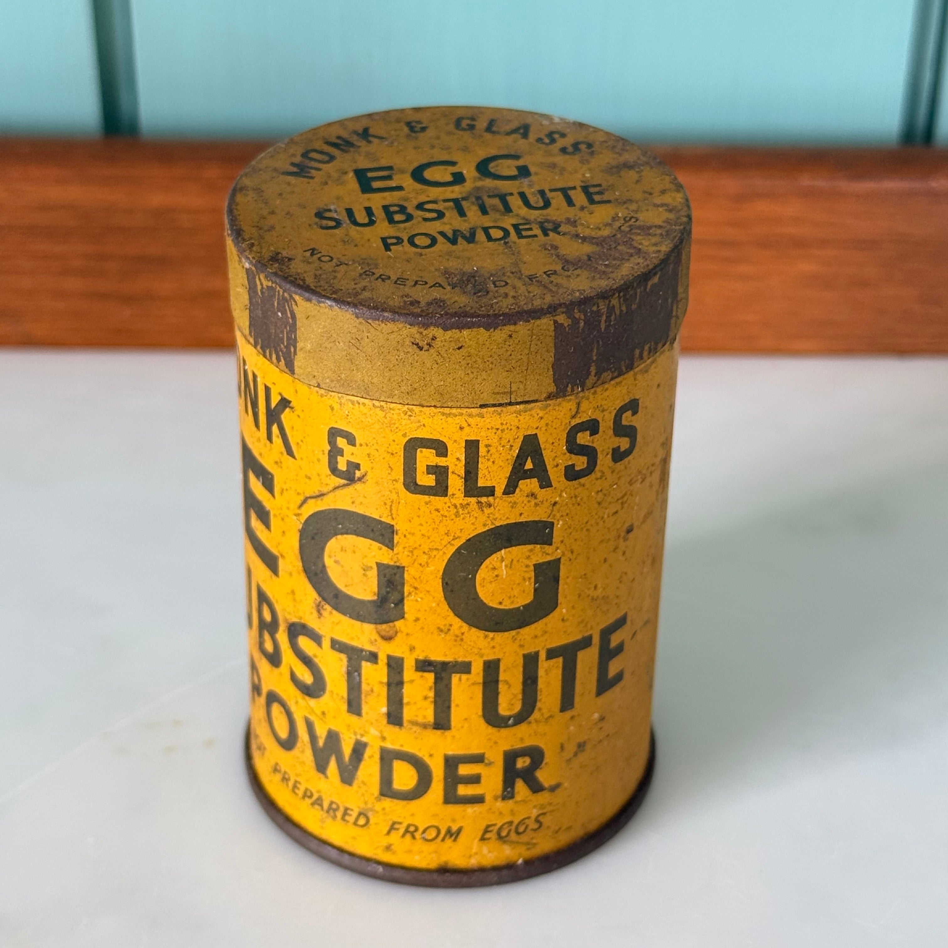 Vintage Monk &amp; Glass Egg Substitute Powder Tin 1930s-40s Kitchen Advertising