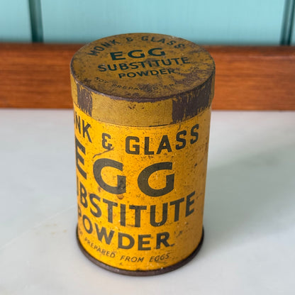 Vintage Monk &amp; Glass Egg Substitute Powder Tin 1930s-40s Kitchen Advertising