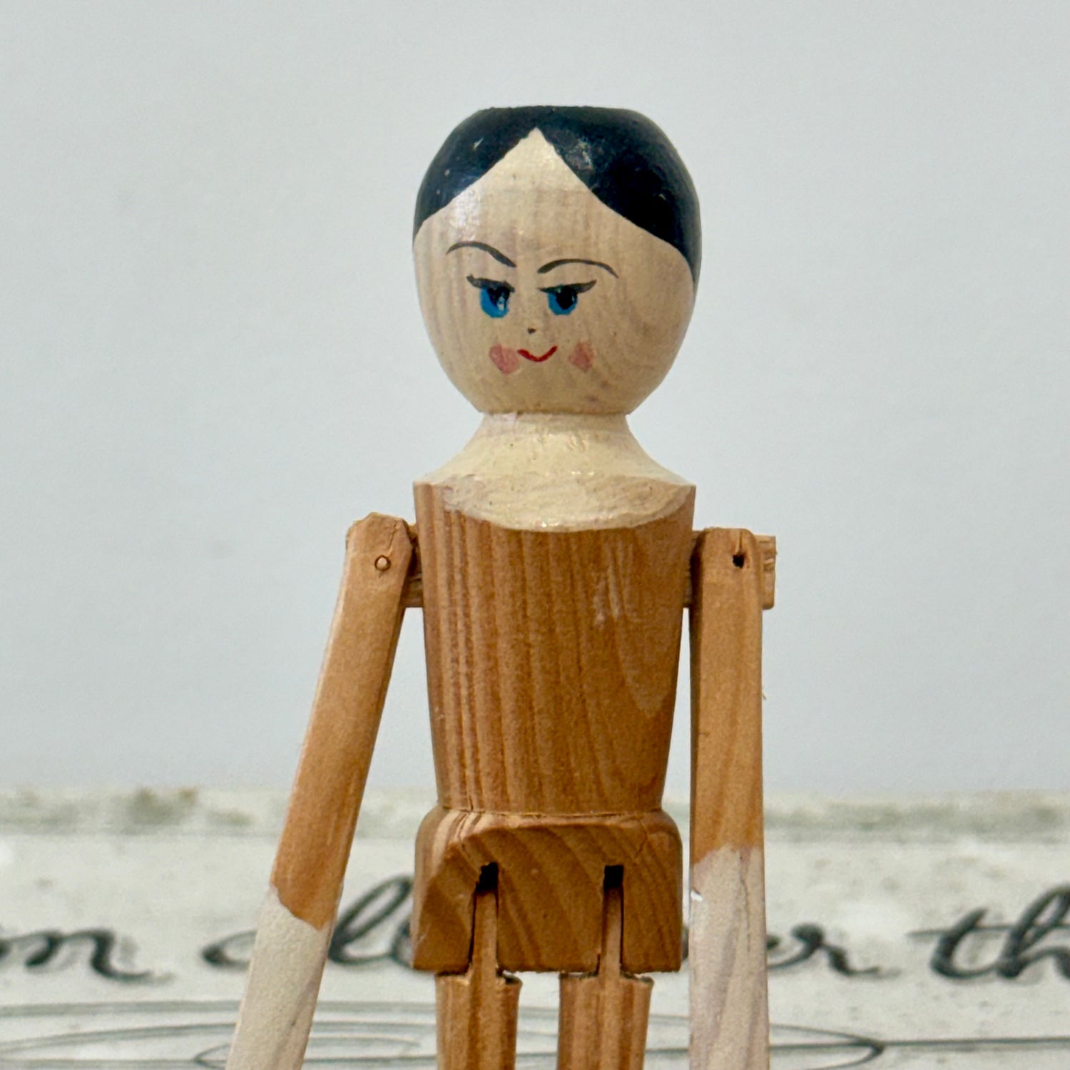 Vintage Wooden Jointed Doll Hand Painted Folk Art Figure 11cm