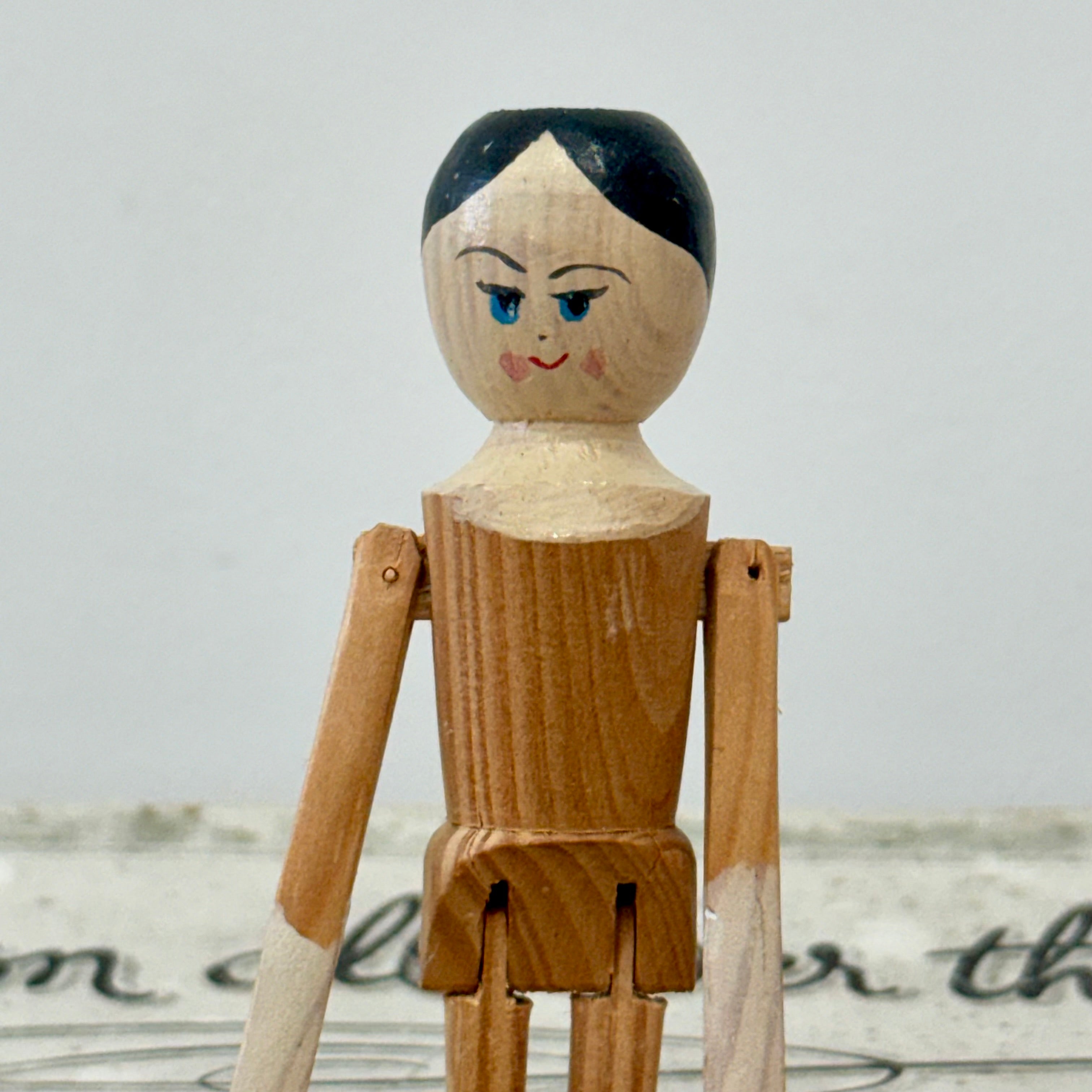Vintage Wooden Jointed Doll Hand Painted Folk Art Figure 11cm