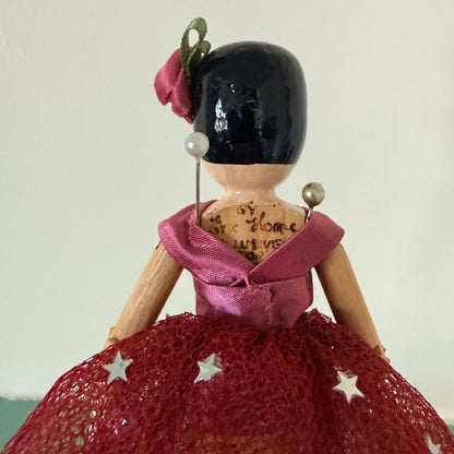 Vintage Eric Horne Wooden Doll in Burgundy Star Dress - 15.5cm