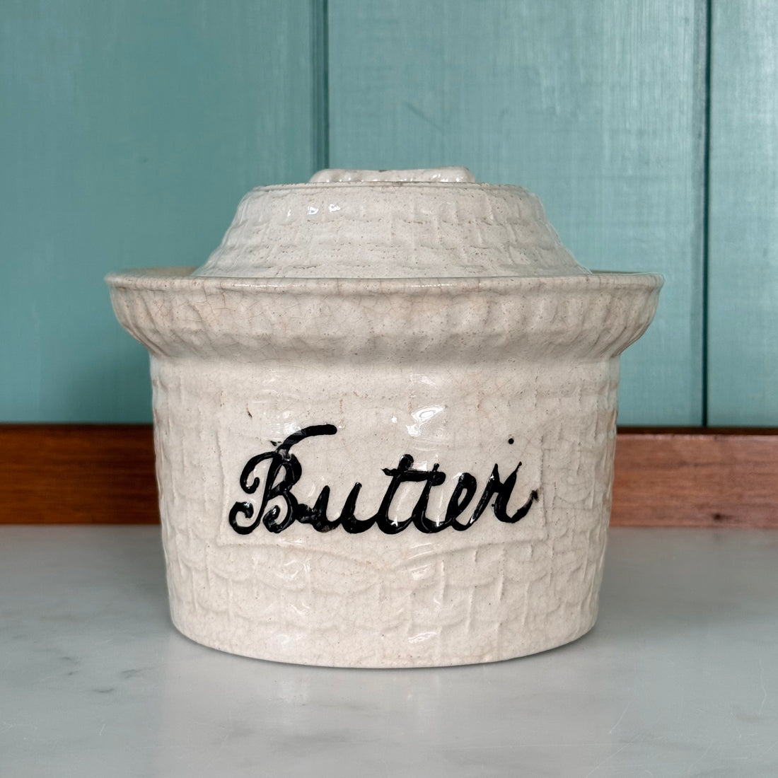 Antique Pottery Butter Crock Dish with Lid c.1900
