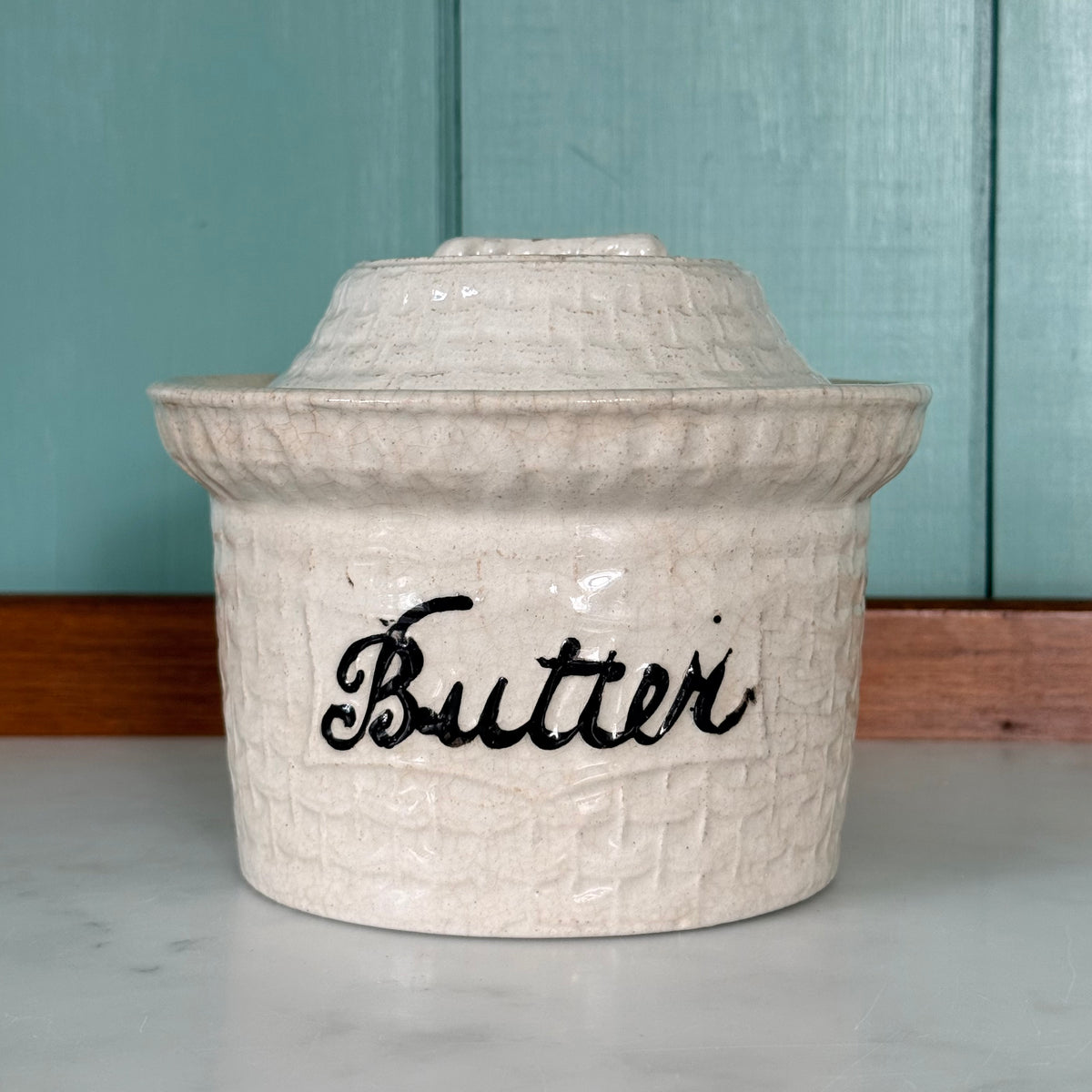 Antique Pottery Butter Crock Dish with Lid c.1900