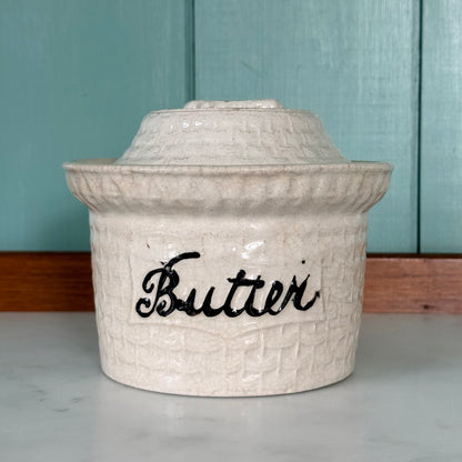 Antique Pottery Butter Crock Dish with Lid c.1900