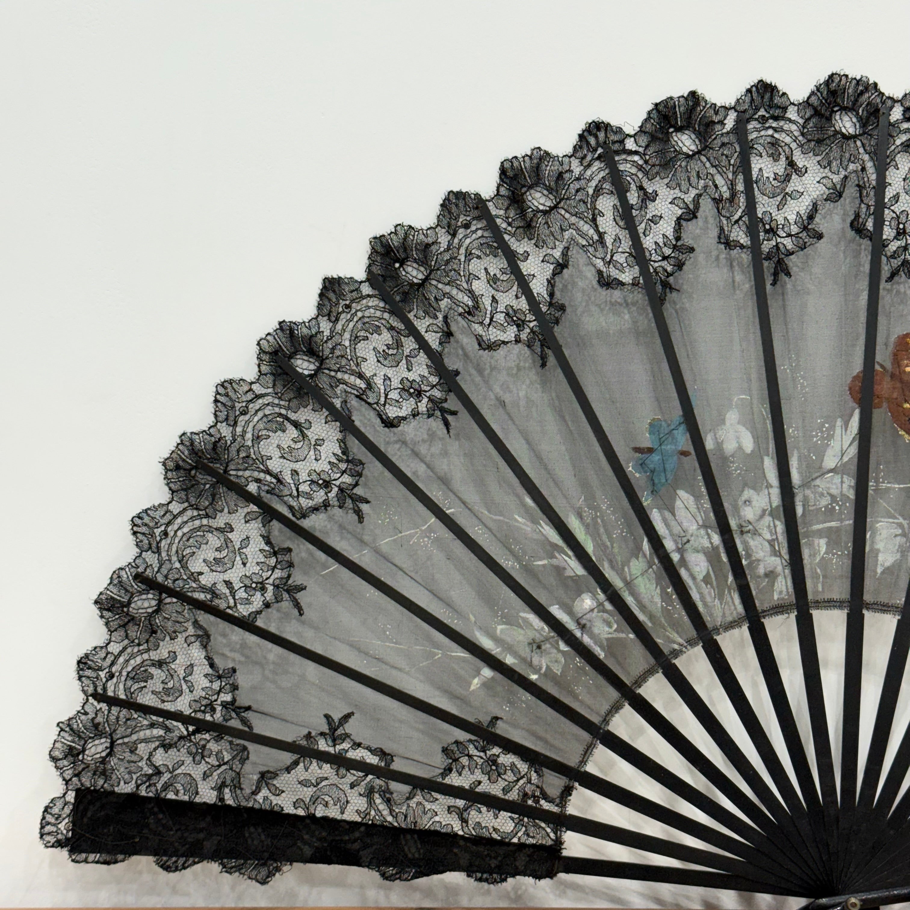 Antique Hand Painted Lace Fan with Butterflies Edwardian Black Mourning Style