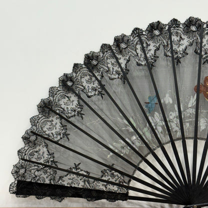 Antique Hand Painted Lace Fan with Butterflies Edwardian Black Mourning Style
