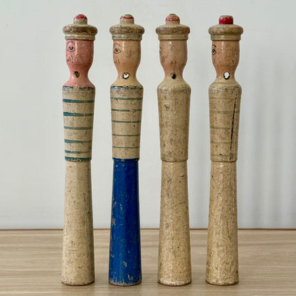 Vintage Wooden Sailor Skittles Pins Four Figures Hand Painted Folk Toy 24cm