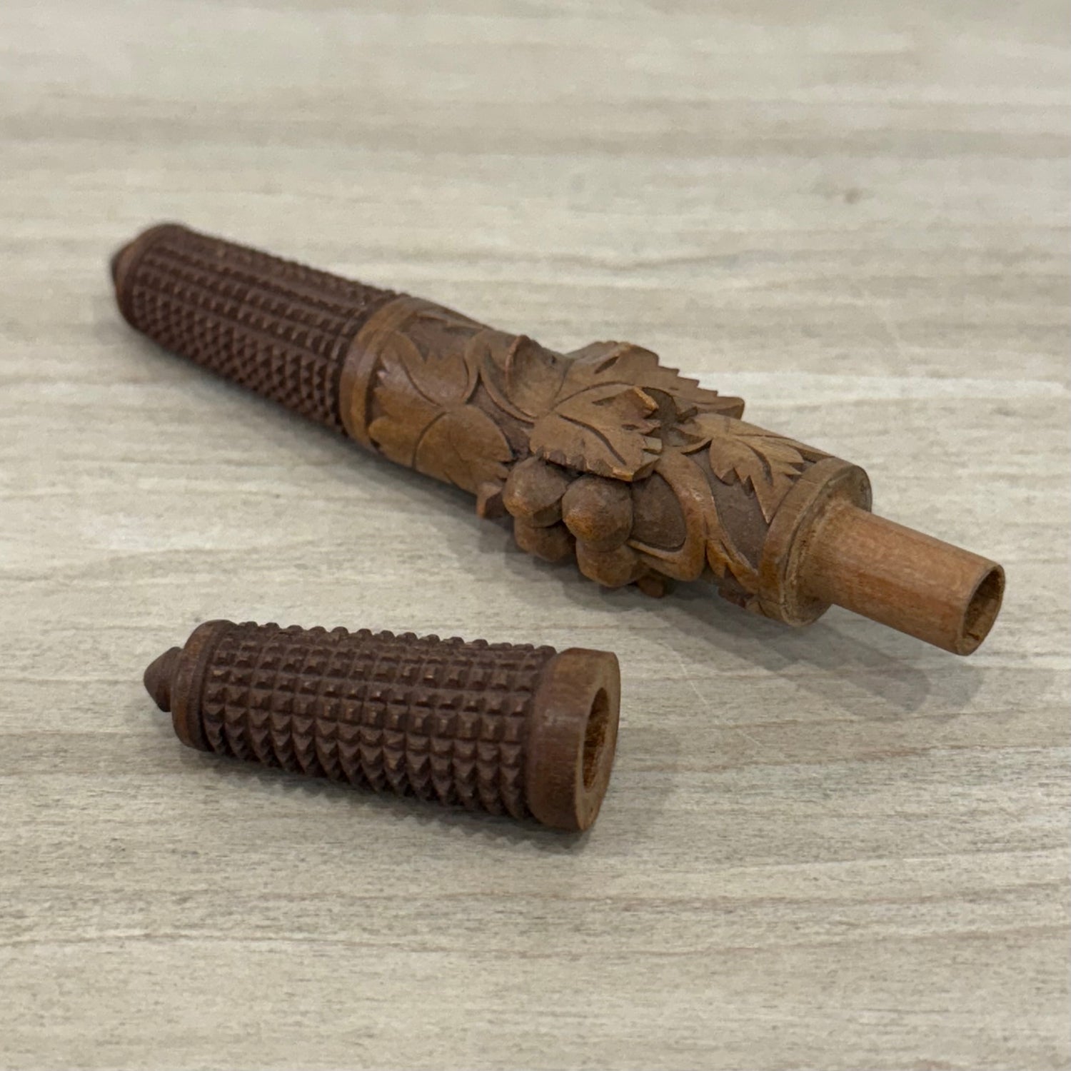 Antique Carved Wooden Needle Holder Sewing Case Screw Apart 13cm