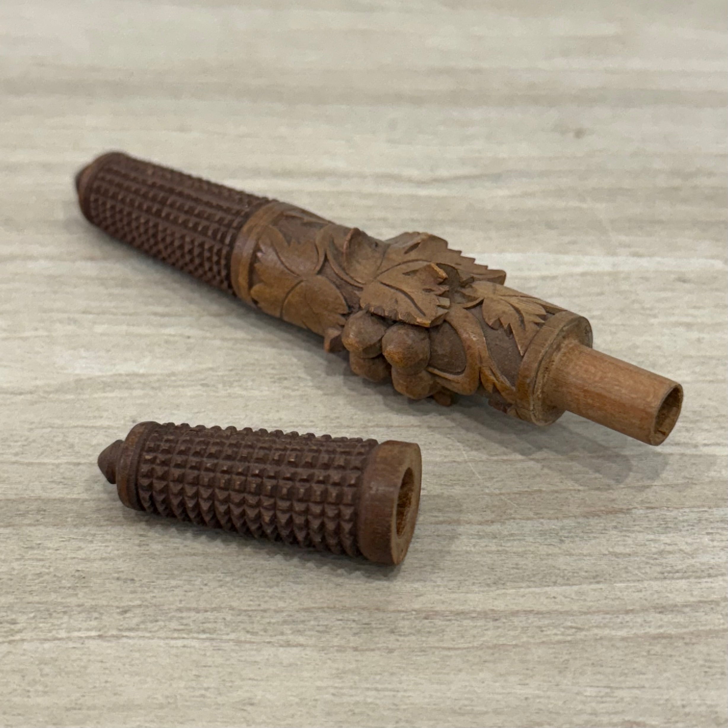 Antique Carved Wooden Needle Holder Sewing Case Screw Apart 13cm