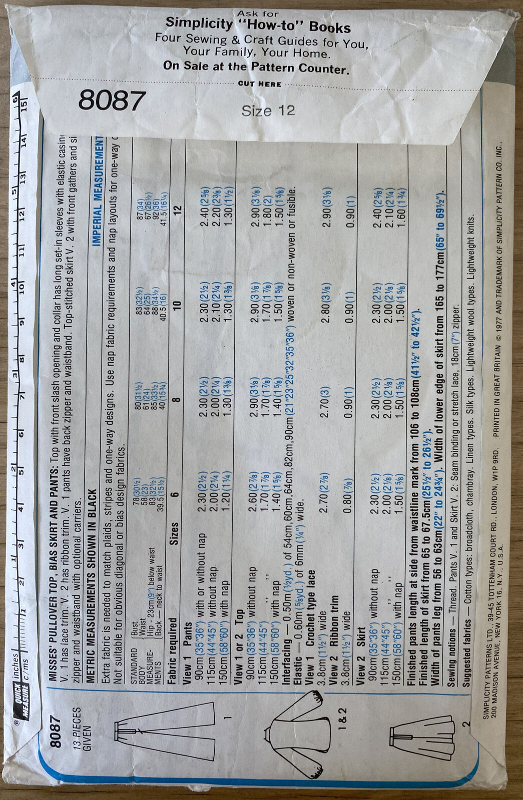 Simplicity 8087 Womens Size 12 Top Skirt Trousers UNCUT *