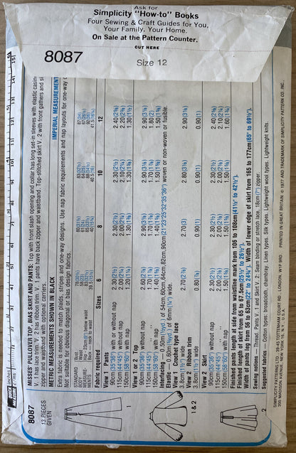 Simplicity 8087 Womens Size 12 Top Skirt Trousers UNCUT *