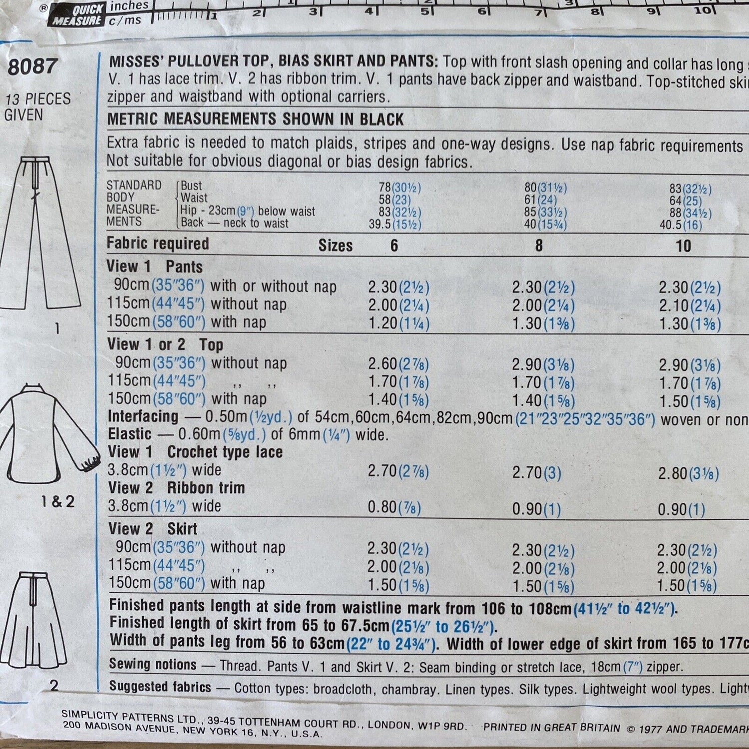 Simplicity 8087 Womens Size 12 Top Skirt Trousers UNCUT *