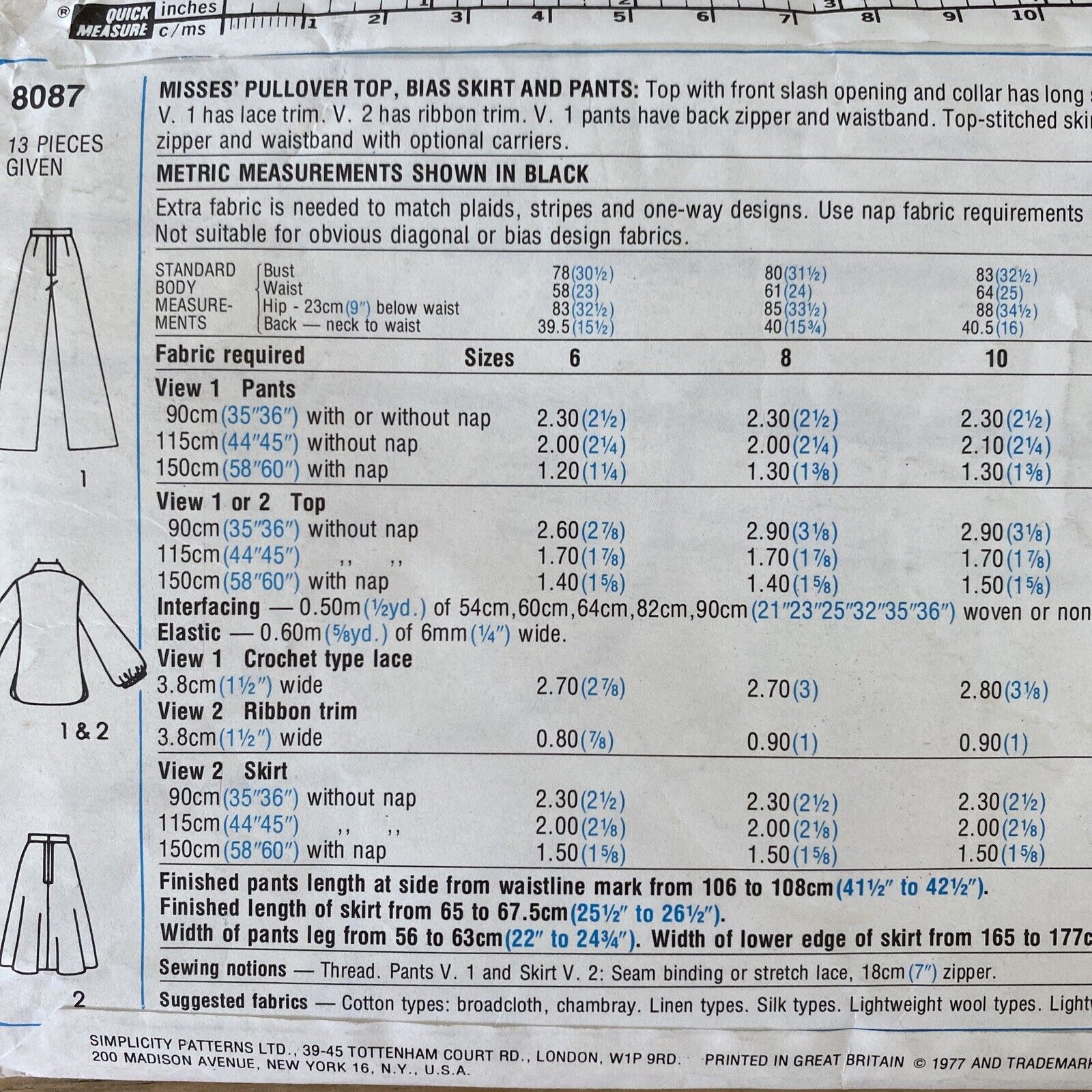 Simplicity 8087 Womens Size 12 Top Skirt Trousers UNCUT *