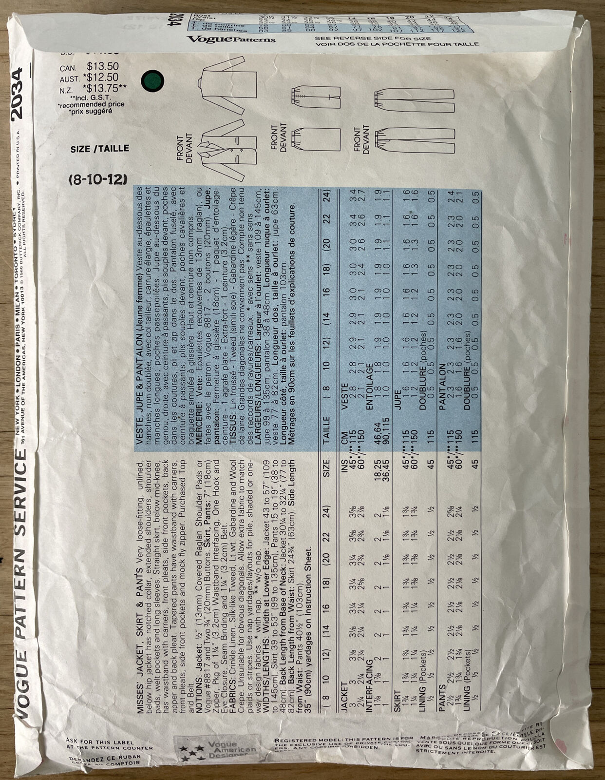 Vogue 2034 Size 8-12 Jacket Skirt Trousers FF