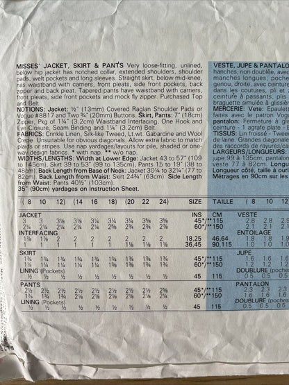 Vogue 2034 Size 8-12 Jacket Skirt Trousers FF