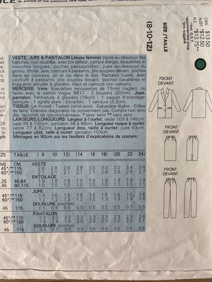Vogue 2034 Size 8-12 Jacket Skirt Trousers FF