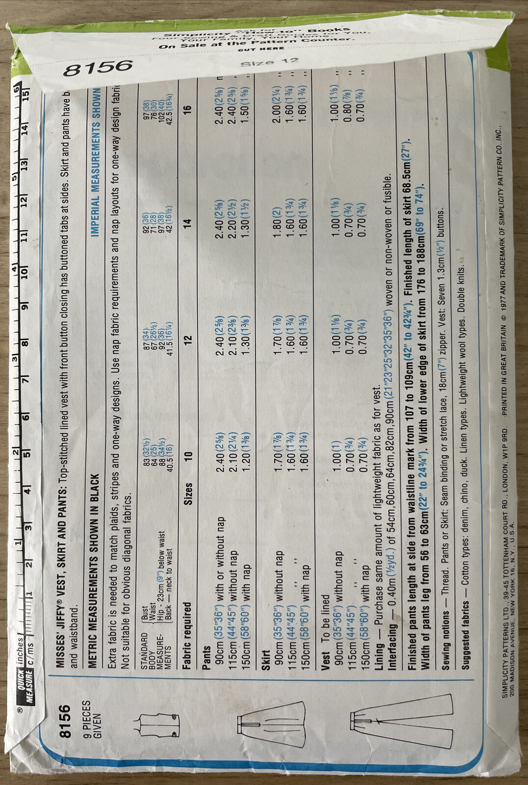Simplicity 8156 Womens Size 12 Top Skirt Trousers FF
