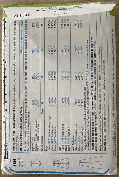 Simplicity 8156 Womens Size 12 Top Skirt Trousers FF